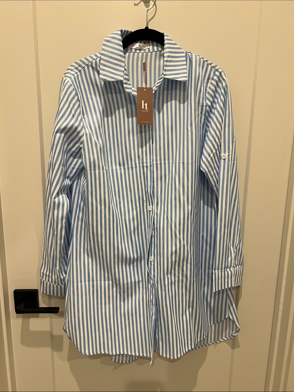 Blue and white stripe button up shirt dress